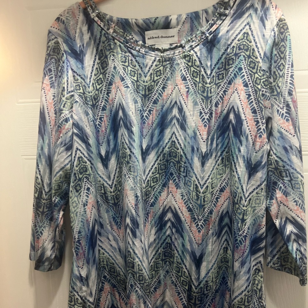 Women's Multicolor Top with Geometric Pattern and Embellished Neck Line
